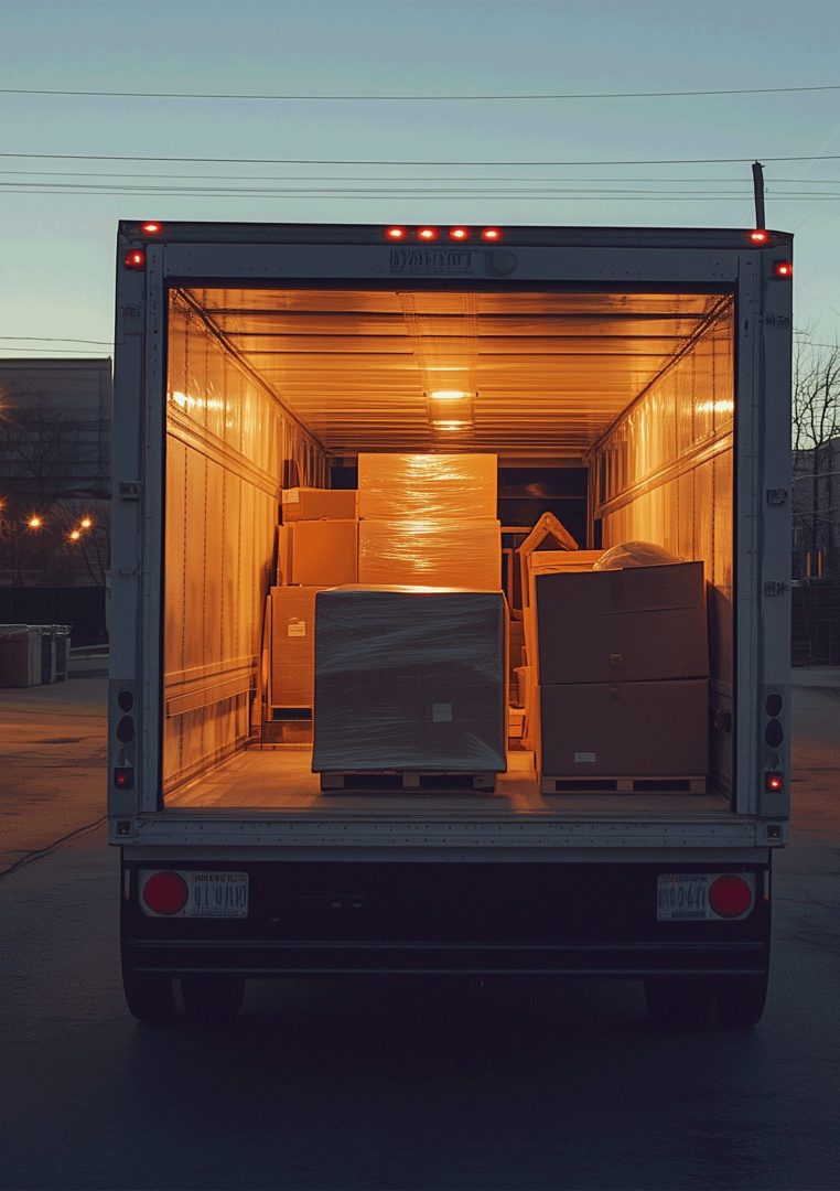 A single sofa sits in a vast warehouse, surrounded by countless packaged items, a scene of quiet anticipation and potential.